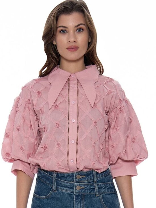 Gracia Tops - Gracia Puff Sleeve Button-Down Collared Solid Top